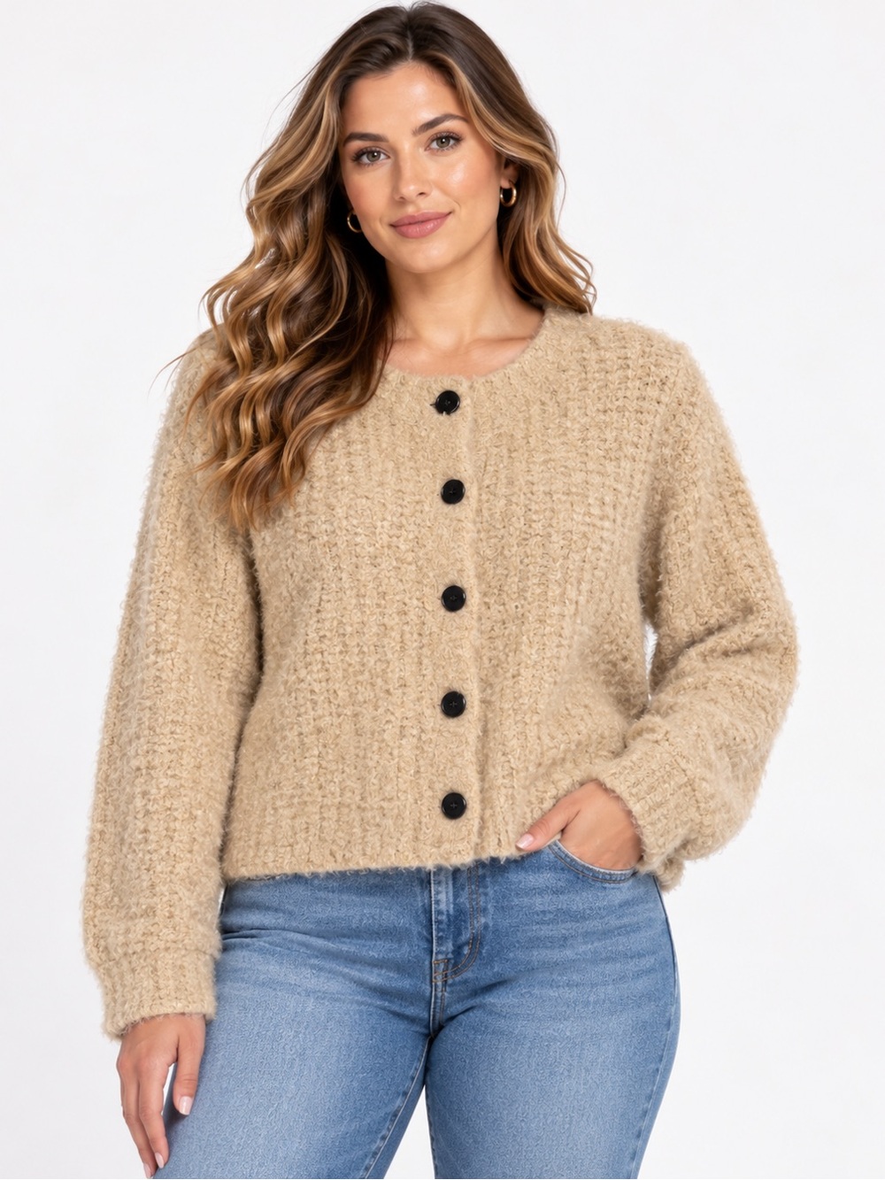 Cozy Cream Textured Button-Front Women's Sweater